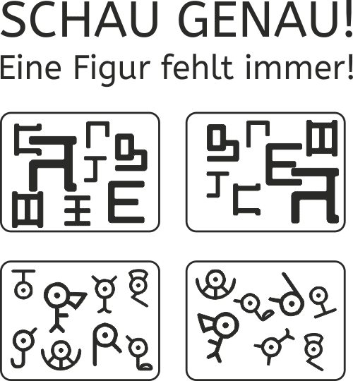 Schau genau, eine Figur fehlt, visuelle Wahrnehmung, räumliche Wahrnehmung, Legasthenie, Dyskalkulie, Eltern, Kinder, Schule, Download, Arbeitsblatt