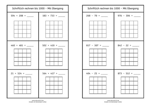 Rechnen bis 1000, Zahlenraum bis 1000, Addition, Subtraktion, schriftliches Rechnen, Mathe, Rechnen, Grundschule, Dyskalkulie, Eltern, Kinder, Hilfe, kostenlos, Arbeitsblatt, Worksheet Crafter