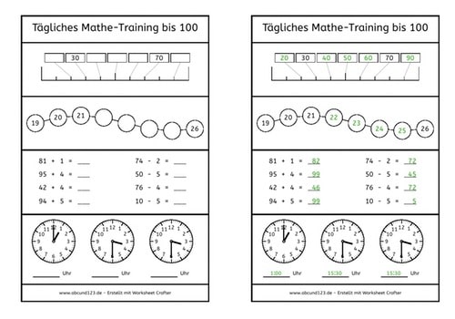 Tägliches Mathe-Training bis 100, Mathe, Übung, kostenlos, Arbeitsblatt, Dyskalkulie, Kinder, Eltern, Schule, Unterricht, dyscalculia, worksheet, maths, Zahlenraum 100