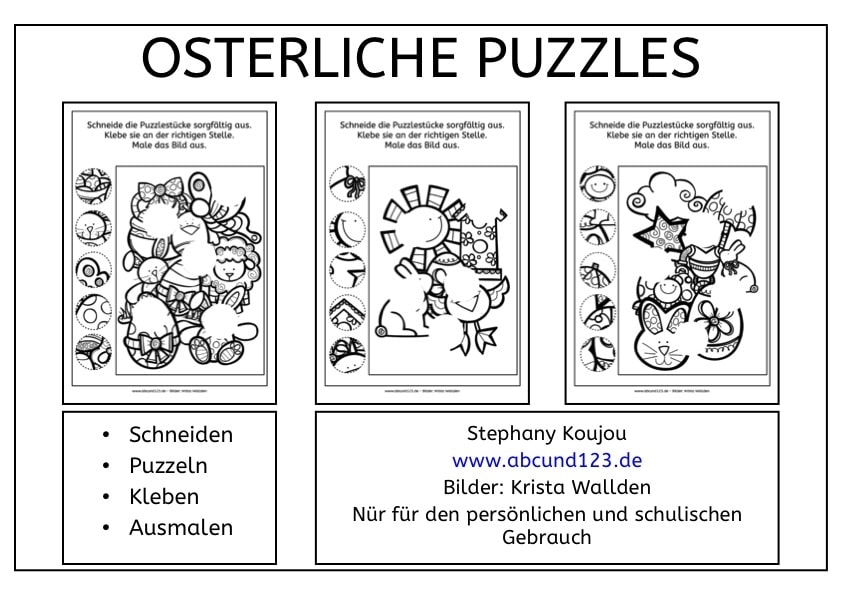 Osterliche Puzzles, Ostern, Puzzle, Feinmotorik, Aufmerksamkeit, Schule, Grundschule, Förderschule, Vorschule, Eltern, Kinder, kostenlos, Roboter, Legasthenie, Dyskalkulie