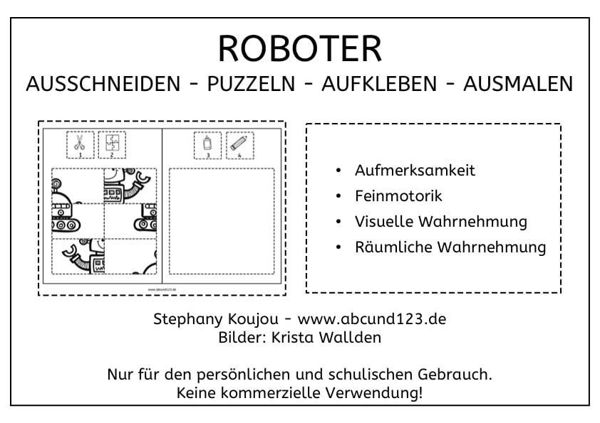 Ausschneiden, kleben, ausmalen, Feinmotorik, Roboter, Legasthenie, Dyskalkulie, Kinder, Vorschule, Grundschule, Förderschule, Eltern, kostenlos