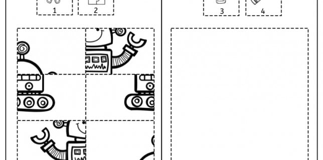 Ausschneiden, kleben, ausmalen, Feinmotorik, Roboter, Legasthenie, Dyskalkulie, Kinder, Vorschule, Grundschule, Förderschule, Eltern, kostenlos