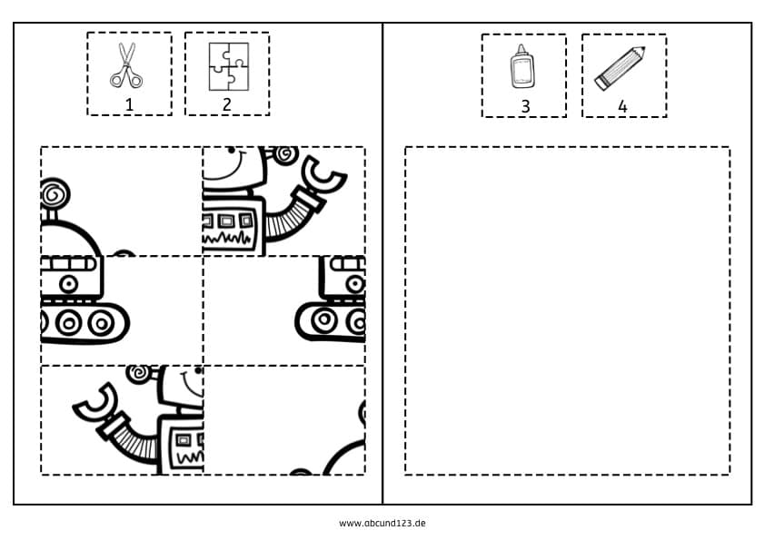 Ausschneiden, kleben, ausmalen, Feinmotorik, Roboter, Legasthenie, Dyskalkulie, Kinder, Vorschule, Grundschule, Förderschule, Eltern, kostenlos