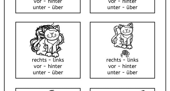 Wo ist ...?, Katzen, Raumorientierung, räumliche Wahrnehmung, AFS-Methode, Legasthenie, Dyskalkulie, rechts, links, Richtung, Richtungsangaben, Arbeitsblatt, kostenlos, Kinder, Eltern, Grundschule, Förderschule, Vorschule, Koujou, Stephany Koujou, DAF, DAZ, zweisprachig