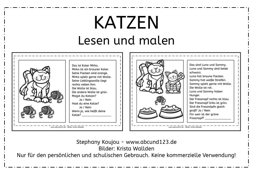 Katzen: Lesen und malen, Katzen, lesen, malen, Lesemalblatt, Legasthenie, Grundschule, Förderschule, Kinder, Eltern, kostenlos, Arbeitsblatt, AFS-Methode, Koujou, Stephany Koujou