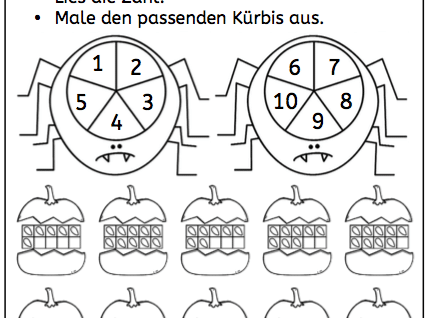 Kreiselspiel: Zahl und Menge (Halloween-Version), Kreiselspiel, Zahl, Menge, Vorschule, Grundschule, Förderschule, Dyskalkulie, Rechenschwäche, malen, Kinder, Eltern, Arbeitsblatt kostenlos, Lehrer, rechnen, Mathe