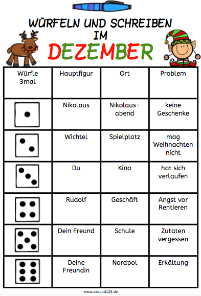 Würfeln und Schreiben im Dezember, schreiben, Würfelspiel, Legasthenie, Legasthenietraining, AFS-Methode, Koujou, Stephany Koujou, abcund123.de, schreiben1, Schule, Grundschule, Förderschule, kostenlos, Arbeitsblatt, Eltern, Kinder