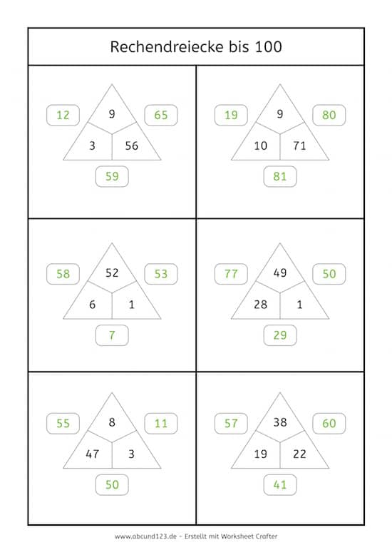 Rechendreiecke, rechnen, Mathe, Dyskalkulie, Dyskalkulietraining, AFS-Methode, kostenlos, Arbeitsblatt, Eltern, Kinder, Grundschule, Förderschule, Knobelaufgabe, Worksheet Crafter