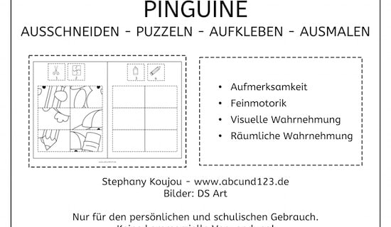 Pnguin-Puzzles, Ausschneiden, kleben, ausmalen, Feinmotorik, Pinguine, Legasthenie, Dyskalkulie, Kinder, Vorschule, Grundschule, Förderschule, Eltern, kostenlos