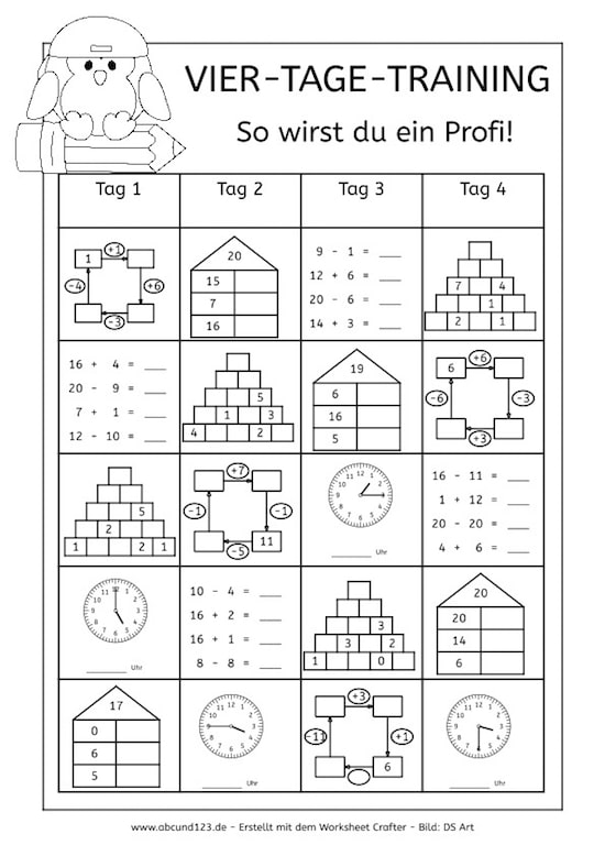 Vier-Tage-Mathe-Training, Zahlenraum bis 20, Arbeitsblatt Mathe bis 20, Dyskalkulie, Dyskalkulietraining, AFS-Methode, Stephany Koujou, Koujou, Arbeitsblatt, kostenlos, Grundschule, Förderschule, rechnen, Mathe, Download, Mathe