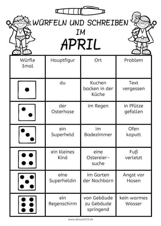 Würfeln und Schreiben im April, AFS-Methode, Arbeitsblatt, DAF, DAZ, Download, Eltern, Förderschule, Grundschule, Kinder, kostenlos, Legasthenie, Legasthenietraining, Schreiben, Schreibmaterial, Schule, Würfelspiel