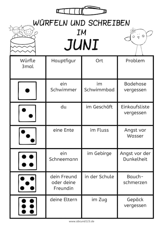 Würfeln und Schreiben im Juni, AFS-Methode, Arbeitsblatt, DAF, DAZ, Download, Eltern, Förderschule, Grundschule, Kinder, kostenlos, Legasthenie, Legasthenietraining, Schreiben, Schreibmaterial, Schule, Würfelspiel