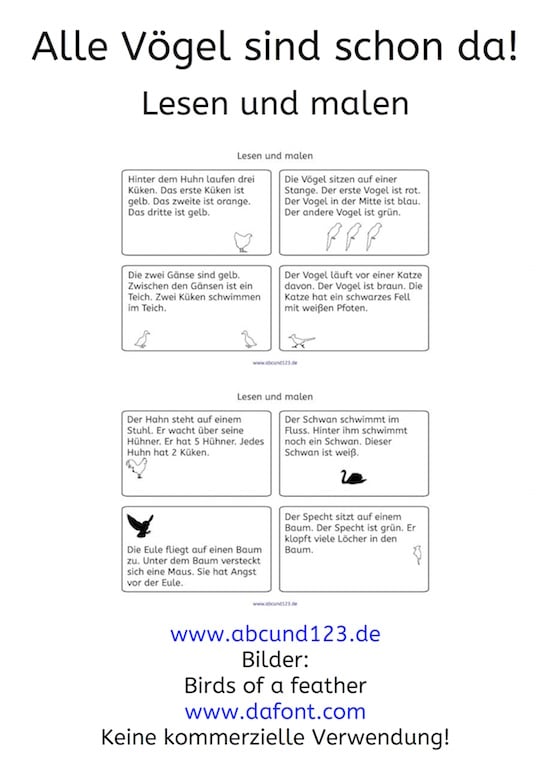 Vögel, Wahrnehmungstraining, Wahrnehmung, Download, AFS-Methode, Stephany Koujou, Koujou, Legasthenie, Legasthenietraining, Dyskalkulie, Dyskalkulietraining, Lesematerial