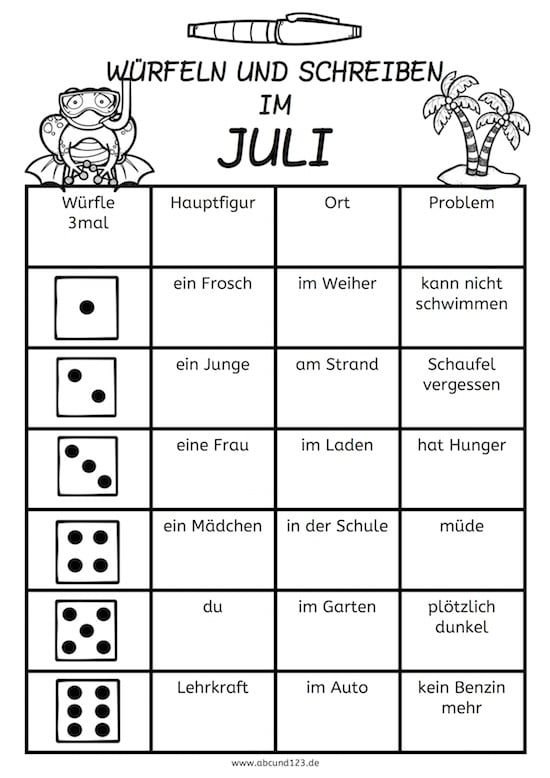 Würfeln und Schreiben im Juli, AFS-Methode, Arbeitsblatt, DAF, DAZ, Download, Eltern, Förderschule, Grundschule, Kinder, kostenlos, Legasthenie, Legasthenietraining, Schreiben, Schreibmaterial, Schule, Würfelspiel