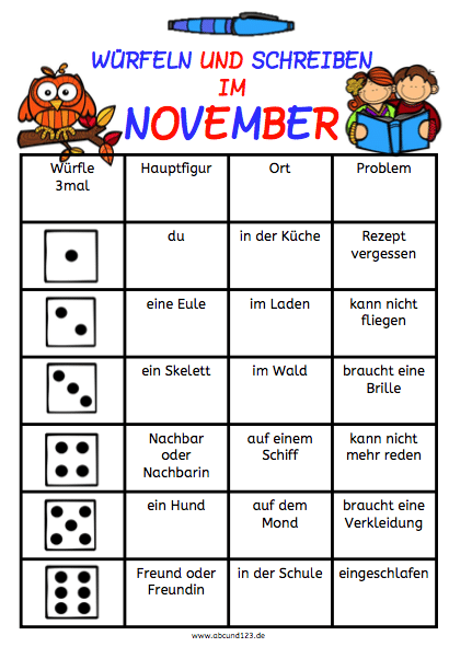 Würfeln und Schreiben im November, AFS-Methode, Arbeitsblatt, DAF, DAZ, Download, Eltern, Förderschule, Grundschule, Kinder, kostenlos, Legasthenie, Legasthenietraining, Schreiben, Schreibmaterial, Schule, Würfelspiel