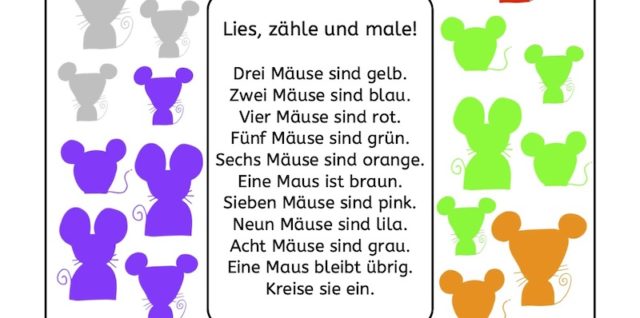 Lesezählmalblatt: Mäuse, Lesezählmalblatt, lesen, zählen, malen, Wahrnehmung, Lesematerial, AFS-Methode, Koujou, Stephany Koujou, Lesemalblatt, Grundschule, Vorschule, Förderschule, AFS-Training, Legasthenie, Legasthenietraining, Dyskalkulie, Dyskalkulietraining