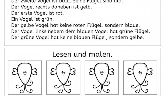 Lustige Vögel, Download, AFS-Methode, Legasthenie, Legasthenietraining, Dyskalkulie, Dyskalkulietraining, lesen, Lesemalblatt, Lesematerial, lesen und malen, Koujou, Stephany Koujou, DAF, DAZ, Wahrnehmung