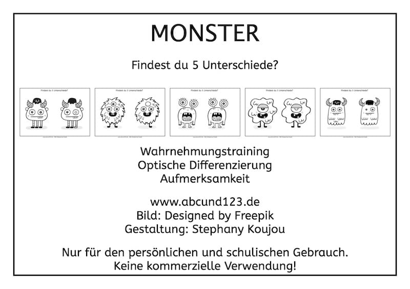 Monster, Unterschiede, Wahrnehmungstraining, Aufmerksamkeit, Optische Differenzierung, Legasthenie, Legasthenietraining, Arbeitsblatt, kostenlos, AFS-Methode, Stephany Koujou