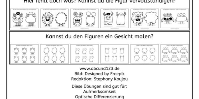 Monster, Unterschiede, Vervollständigen, AFS-Methode, kostenlose Arbeitsblätter, Eltern, Schule, Vorschule, Kindergarten, Legasthenie, Legasthenietraining, Dyskalkulie, Dyskalkulietraining, Wahrnehmung, Lesen, Malen, Download, Koujou, Stephany Koujou